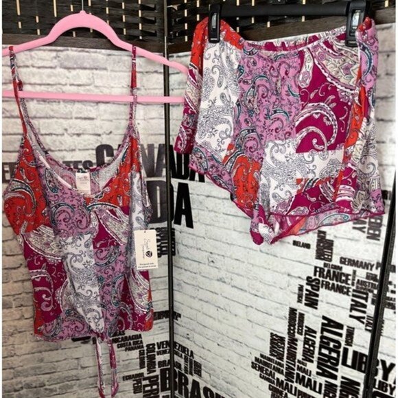 Secret Treasures L Pink Multi Paisley Tie Waist Cami Lounge Shortie Set - Picture 1 of 6